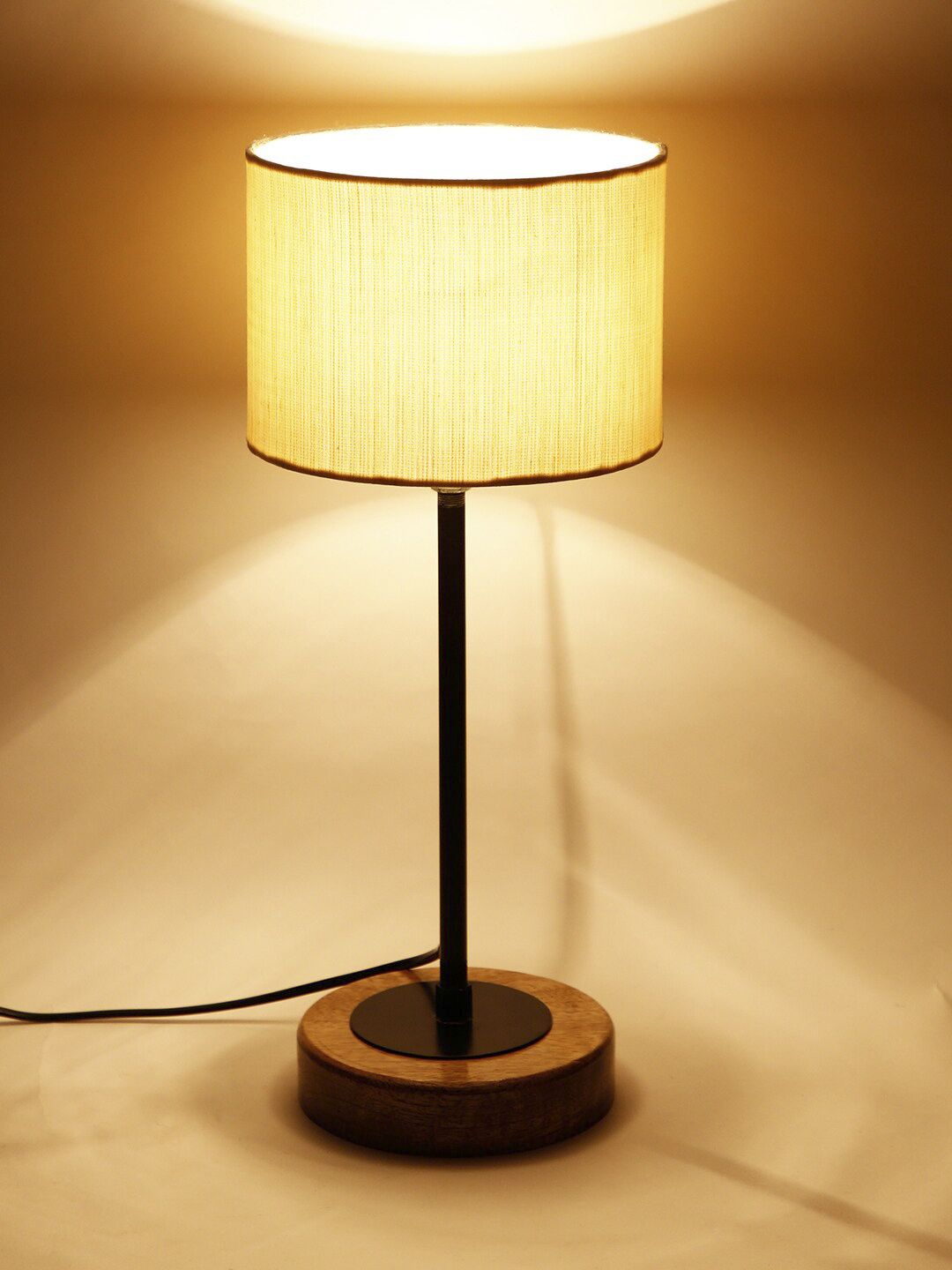 Devansh Drum Off White Cotton Shade Table Lamp with Wood Base Price in India