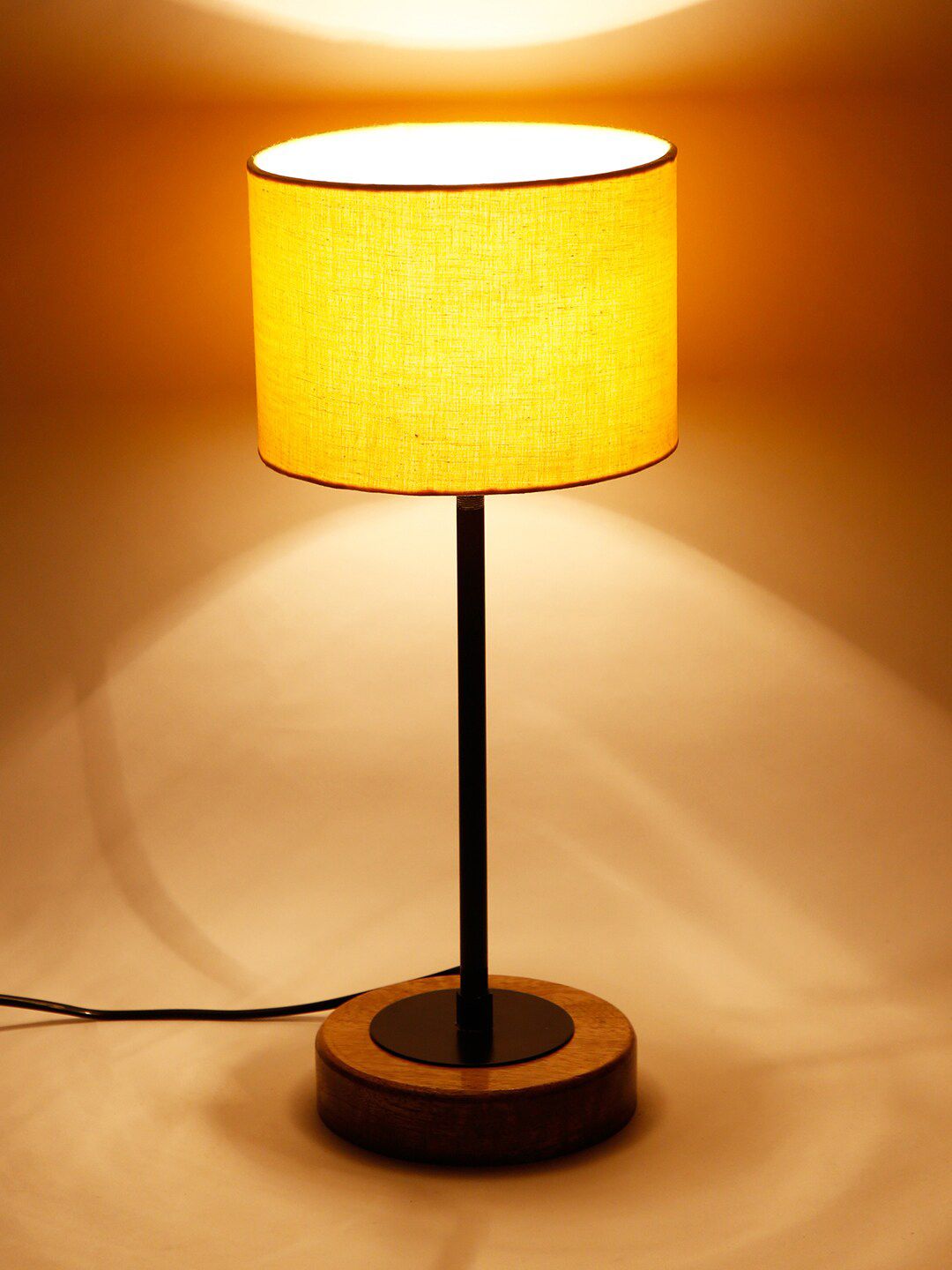Devansh Drum Yellow Cotton Shade Table Lamp with Wood Base Price in India