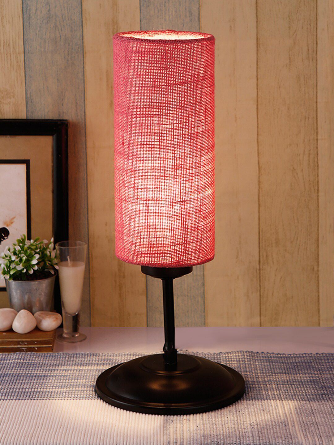 Devansh Pink Jute Shade Table Lamp with Iron Base Price in India