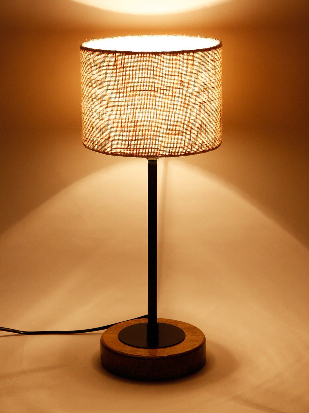 Devansh Drum White Jute Shade Table Lamp with Wood Base Price in India