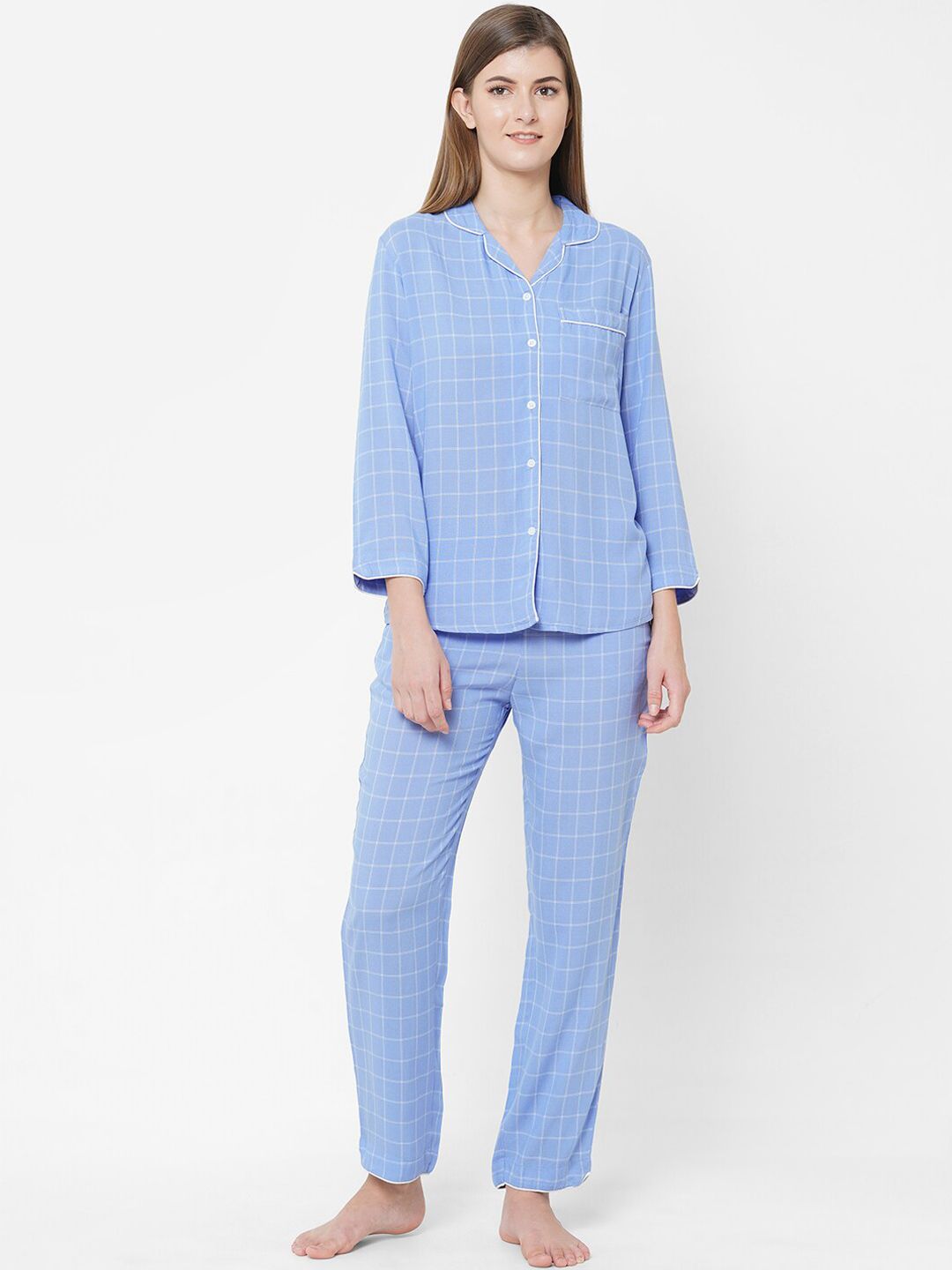 Mystere Paris Women Blue & White Checked Nightsuit Price in India