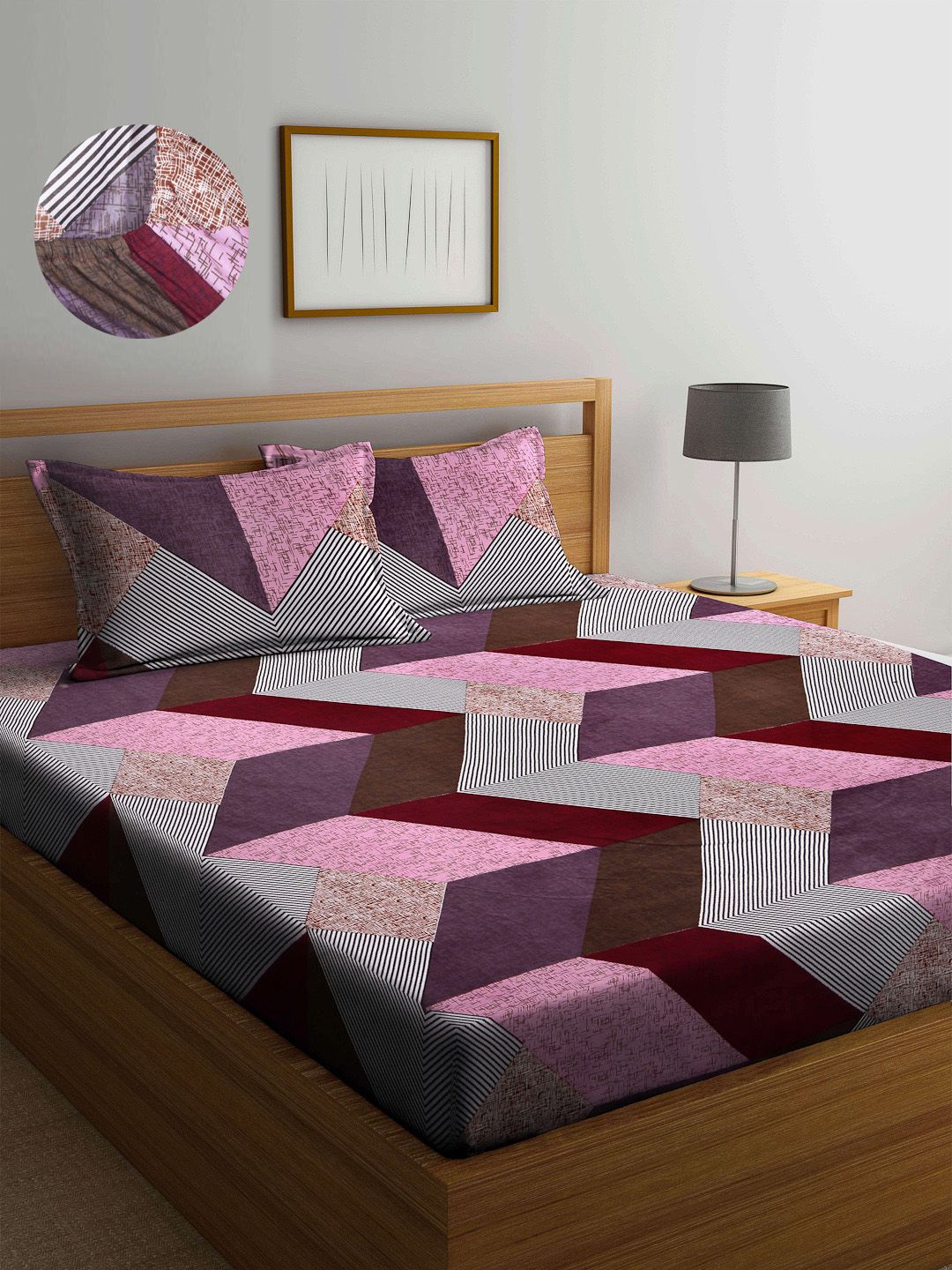 Arrabi Purple & Burgundy Geometric 300 TC King Bedsheet with 2 Pillow Covers Price in India