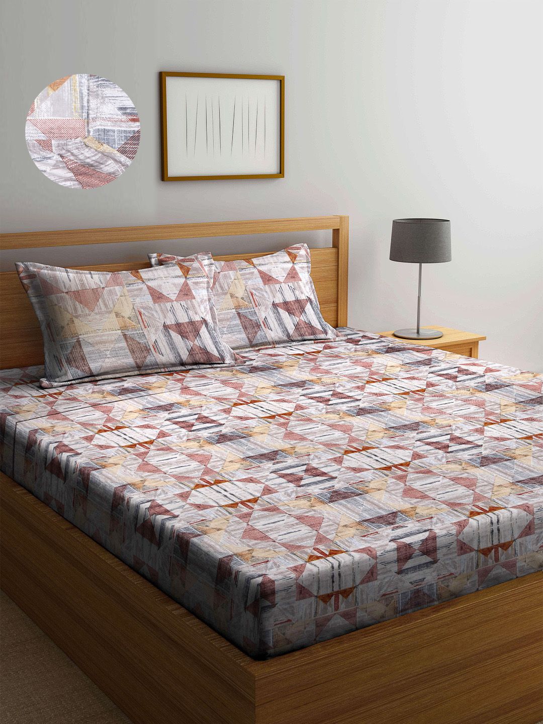 Arrabi Brown & Grey Graphic 300 TC King Bedsheet with 2 Pillow Covers Price in India
