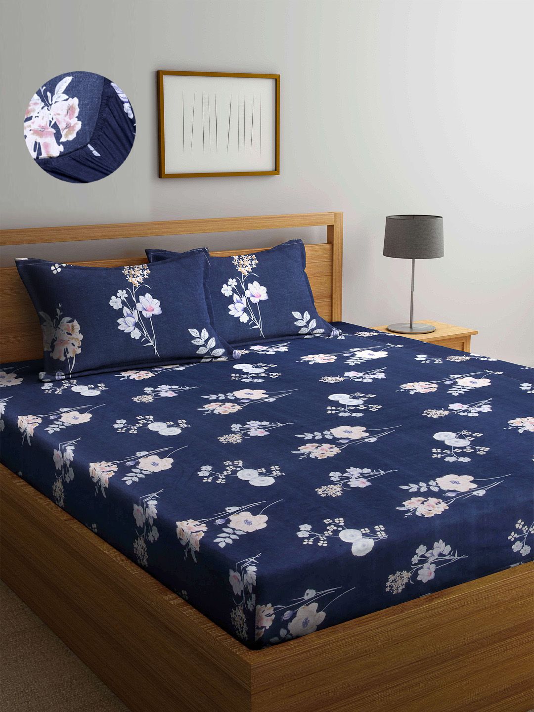 Arrabi Navy Blue & White Floral 300 TC King Bedsheet with 2 Pillow Covers Price in India