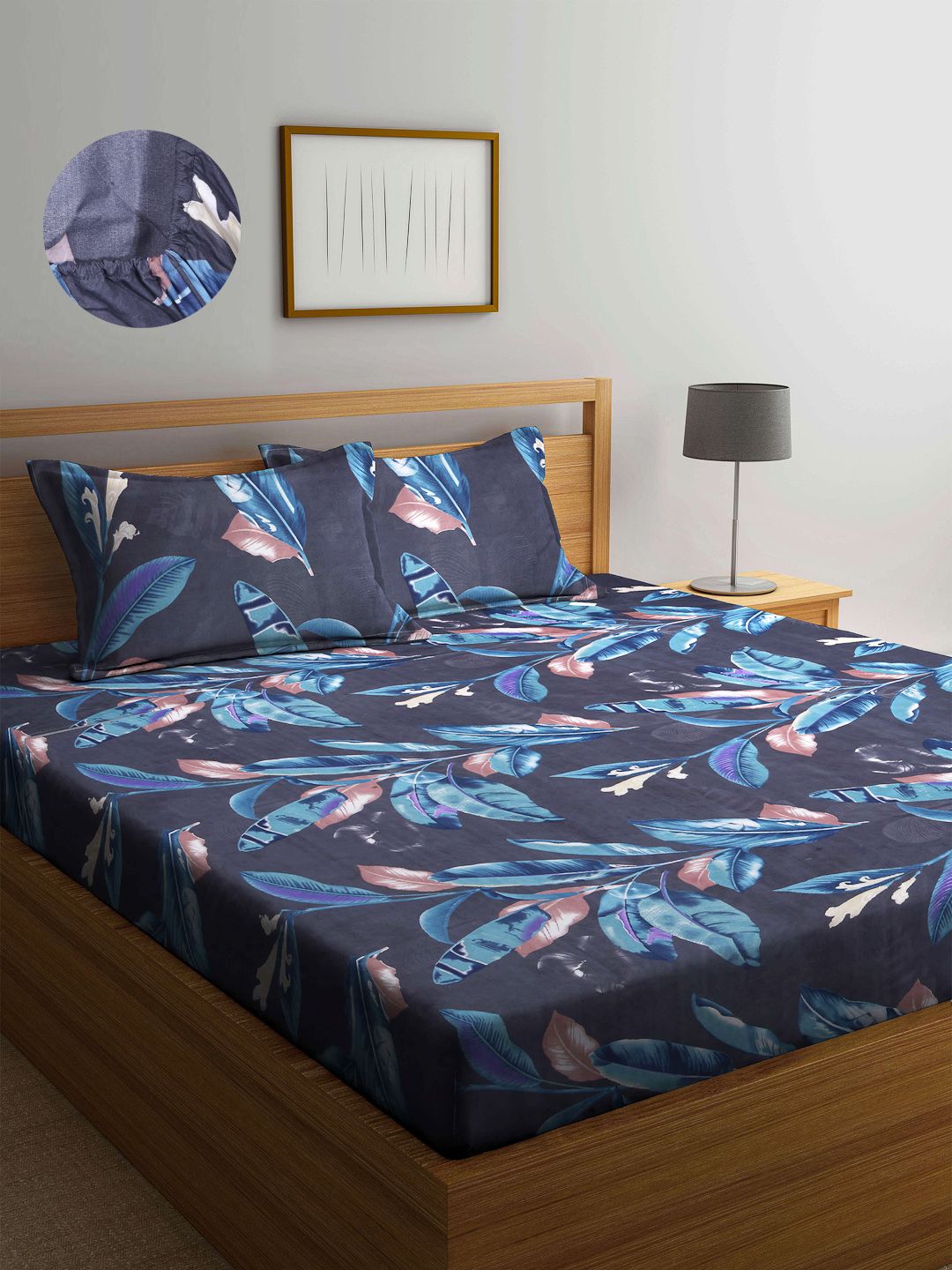 Arrabi Black & Blue Floral 300 TC King Bedsheet with 2 Pillow Covers Price in India