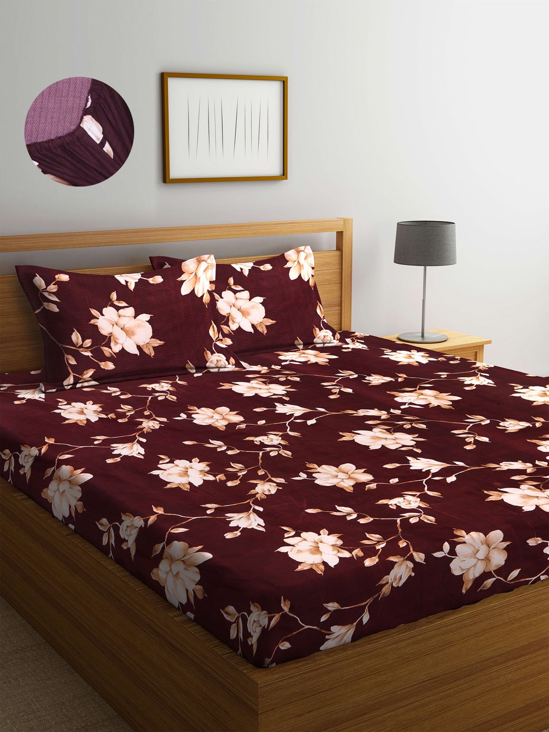 Arrabi Brown & Beige Floral 300 TC King Bedsheet with 2 Pillow Covers Price in India