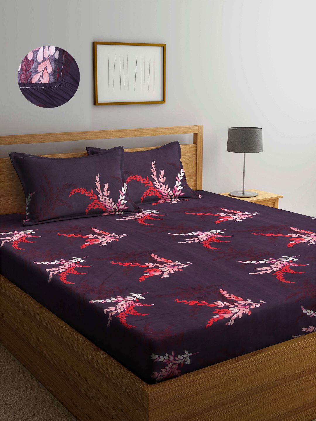 Arrabi Purple & Burgundy Floral 300 TC King Bedsheet with 2 Pillow Covers Price in India