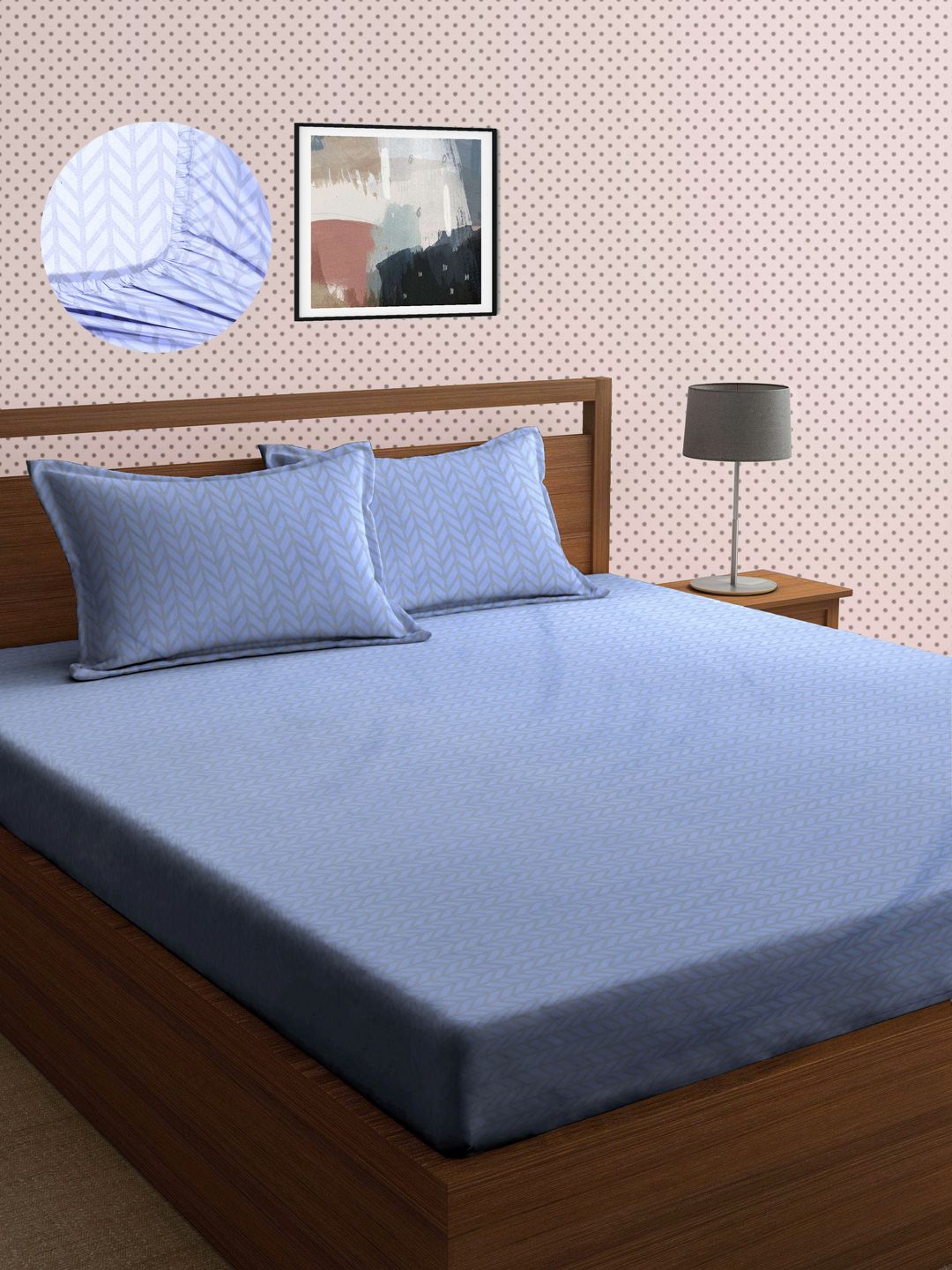 Arrabi Blue & Grey Geometric 300 TC King Bedsheet with 2 Pillow Covers Price in India