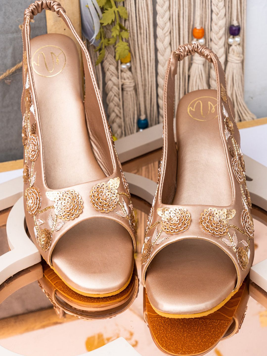 NR By Nidhi Rathi Rose Gold Printed Leather Ethnic High-Top Wedge Mules with Buckles Price in India