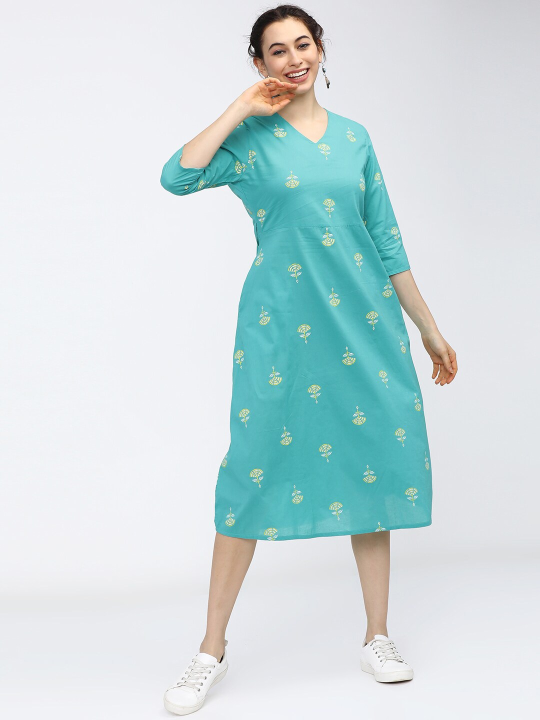 Vishudh Blue Floral Ethnic A-Line Midi Dress Price in India