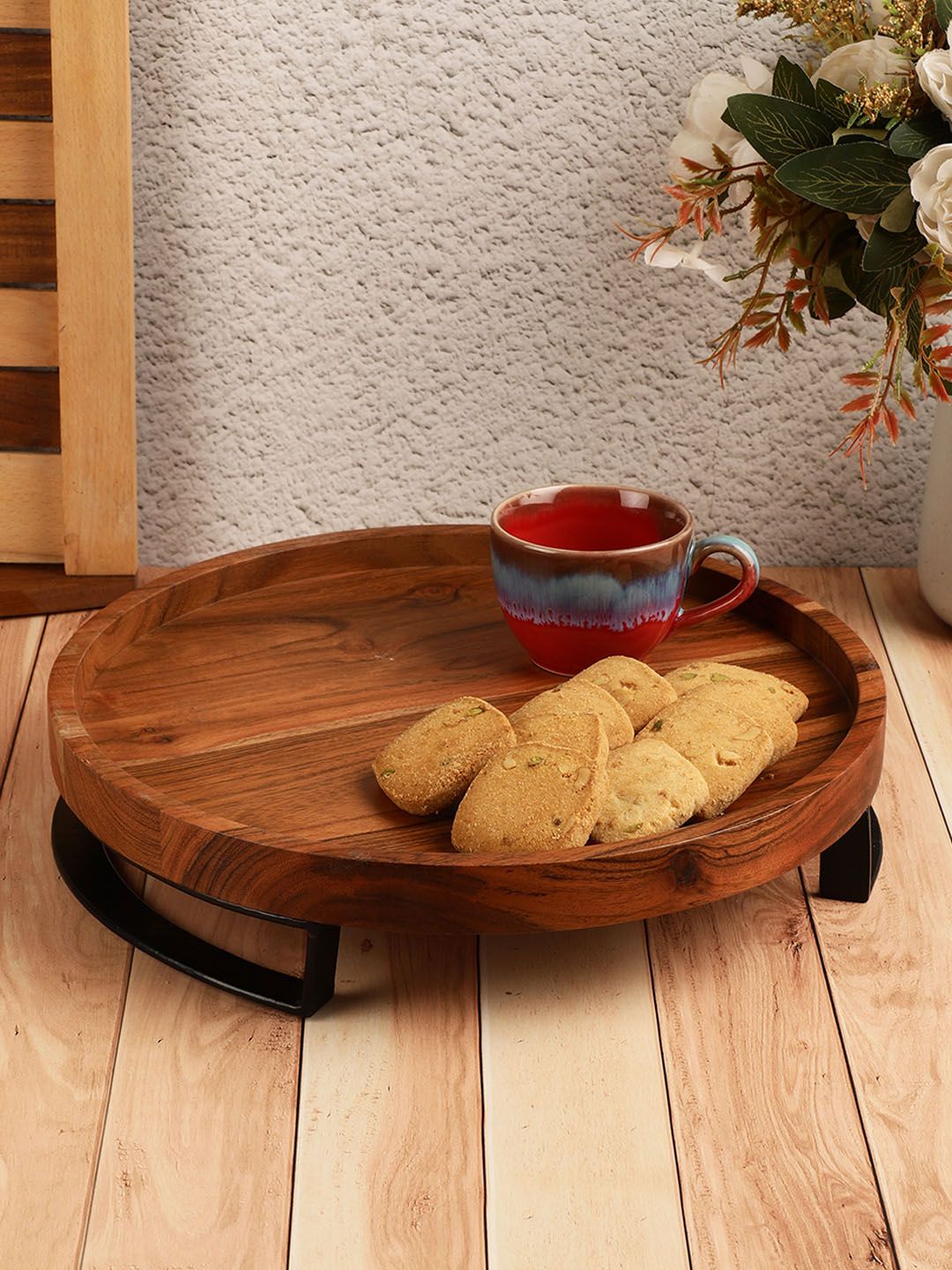 VarEesha Brown Printed Round Platter with Metal Stand Price in India