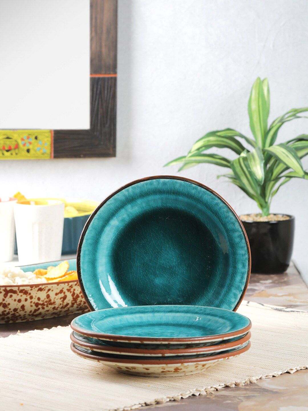 VarEesha Teal & Brown 4 Pieces Handcrafted and Hand Painted Ceramic Glossy Quarter Plates Price in India