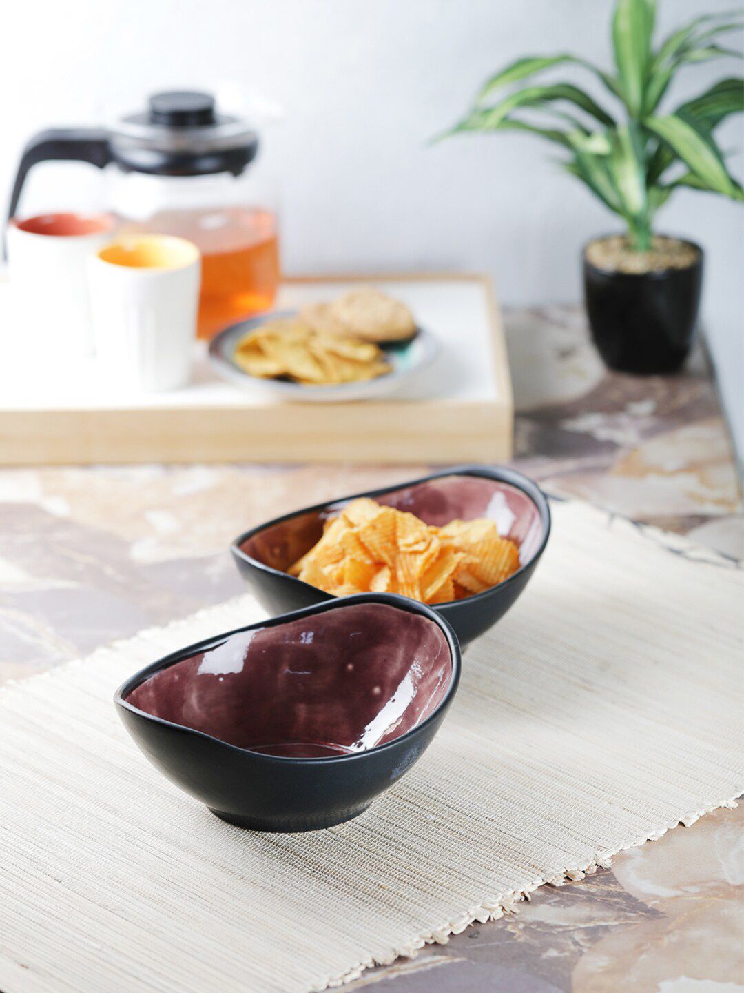 VarEesha Black & Purple Set Of 2 Pieces Handcrafted and Hand Painted Ceramic Glossy Bowls Price in India