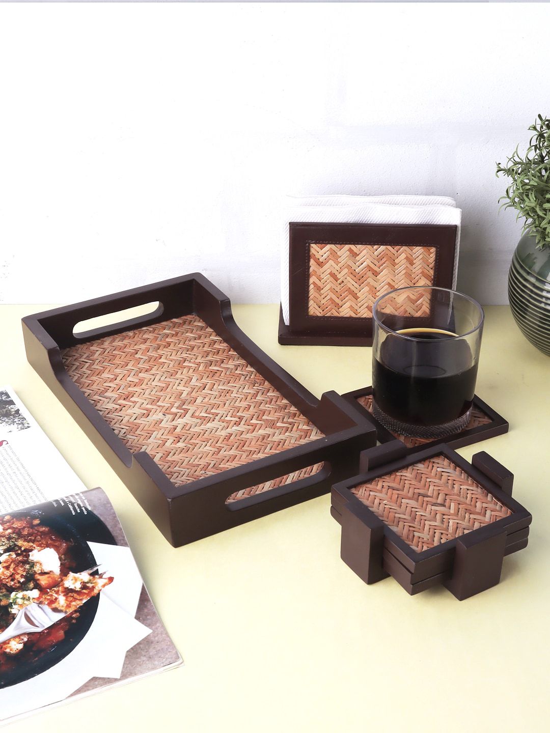 VarEesha Brown Solid Coasters & Napkin Holder Tray Gift Set Price in India