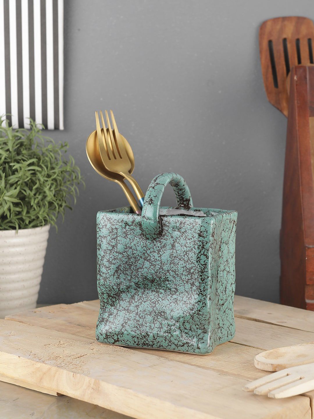 VarEesha Foliage Green Ceramic Small Cutlery Holder Basket Price in India