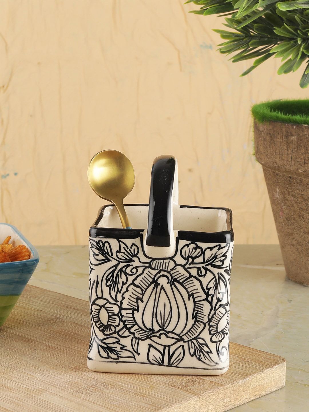 VarEesha Off-White & Black Kalamkari Printed Ceramic Cutlery Holder Basket Price in India