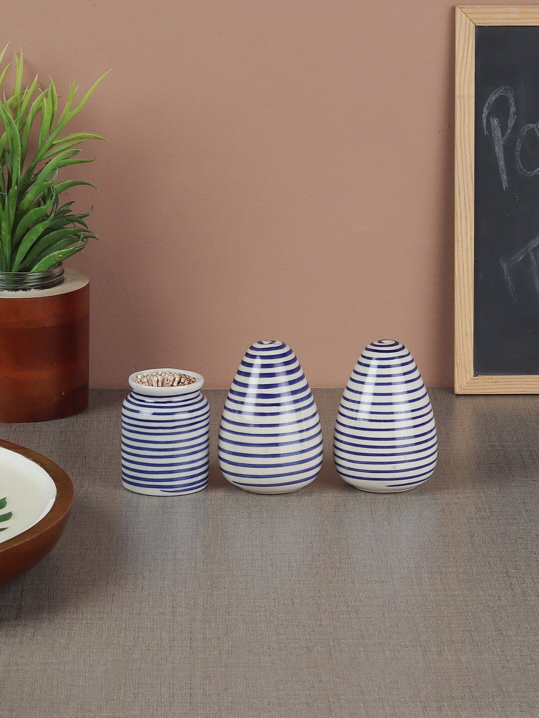 VarEesha Blue & White Striped Salt N Pepper With Toothpick Holder Price in India