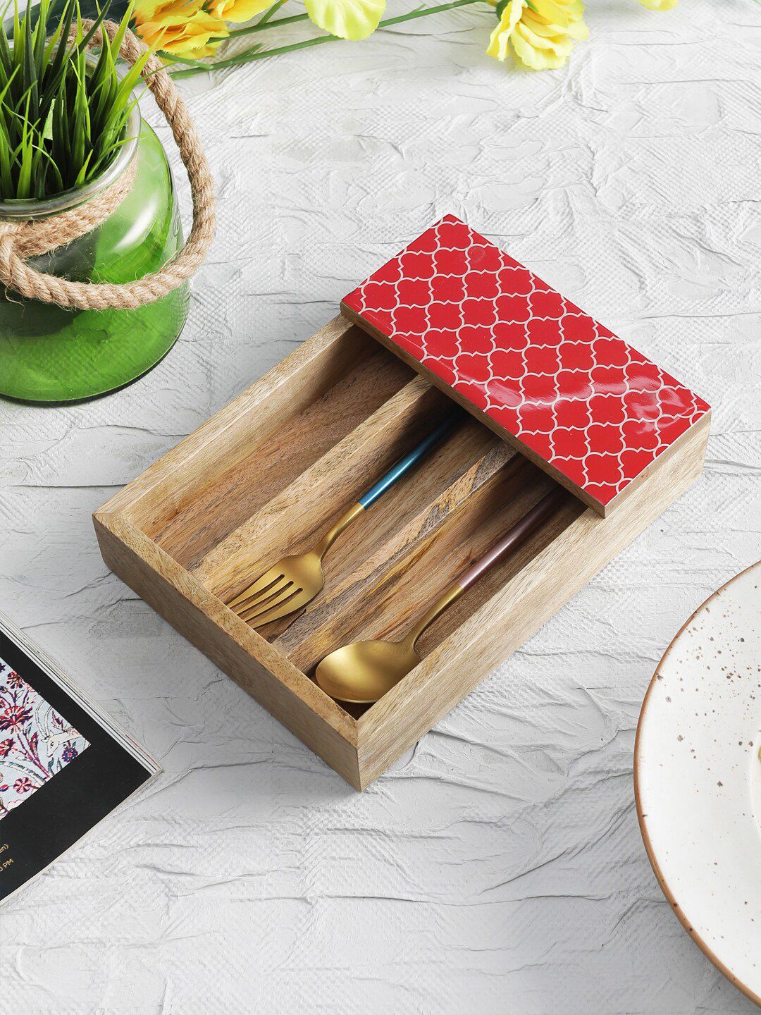 VarEesha Red & Brown Hand-made Mango Wood Cutlery Holder Price in India