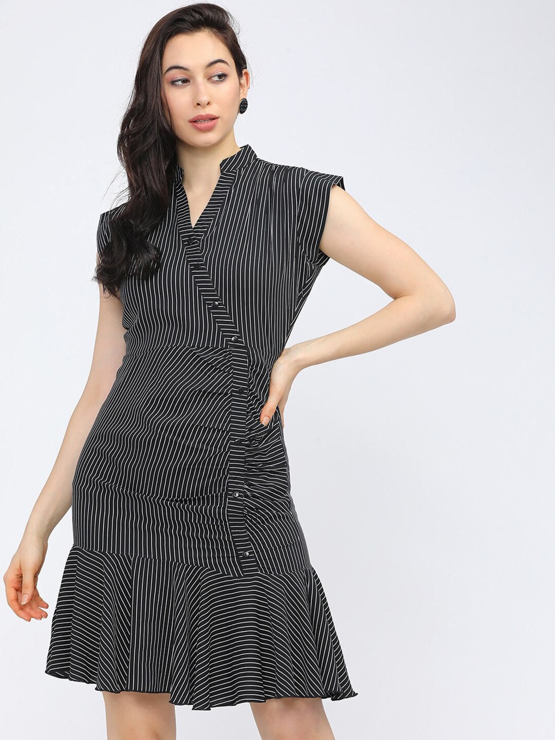 Tokyo Talkies Black Striped Drop-Waist Dress Price in India