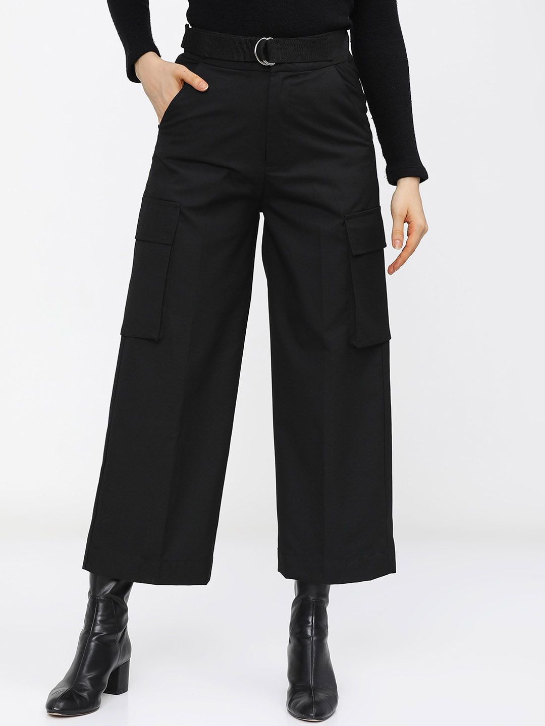 Tokyo Talkies Women Black Straight Fit Cargos Trousers Price in India