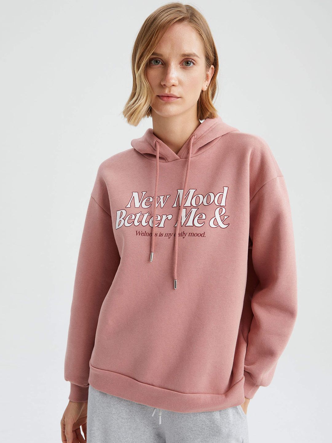 DeFacto Women Pink & White Typography Print Hooded Sweatshirt Price in India