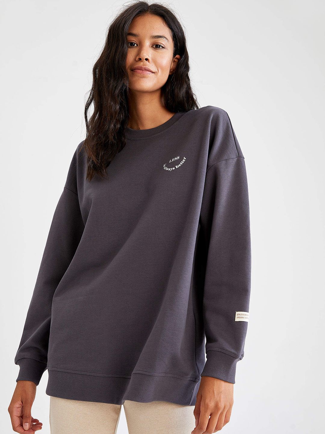 DeFacto Women Charcoal Grey Cotton Solid Sweatshirt Price in India