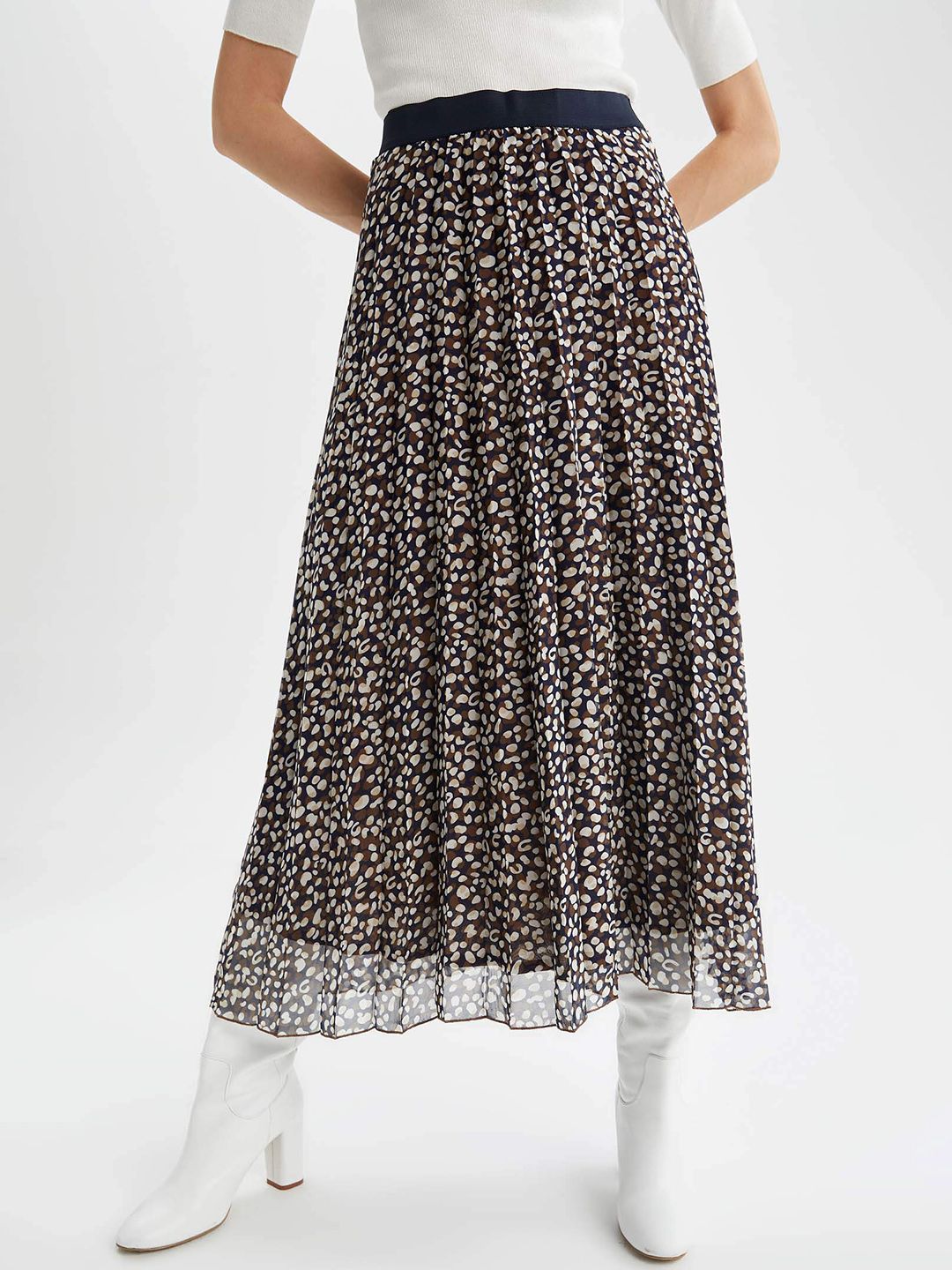 DeFacto Women Navy Blue & Brown Accordion Pleats Maxi Flared A-Line Skirt