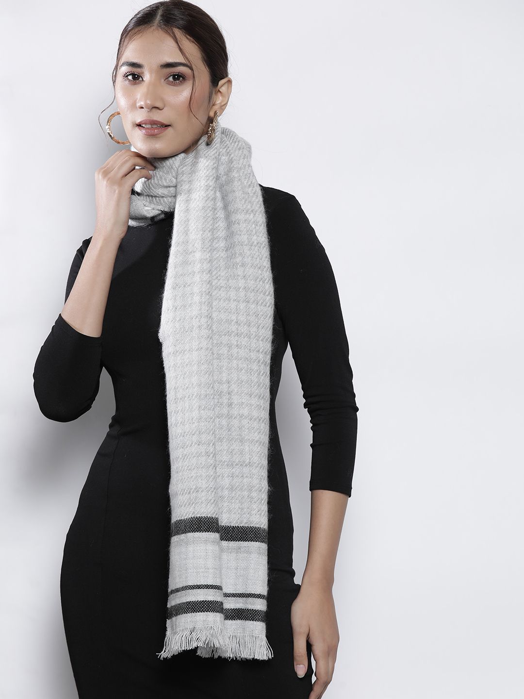 DeFacto Women Grey Melange Striped Winter Stole Price in India