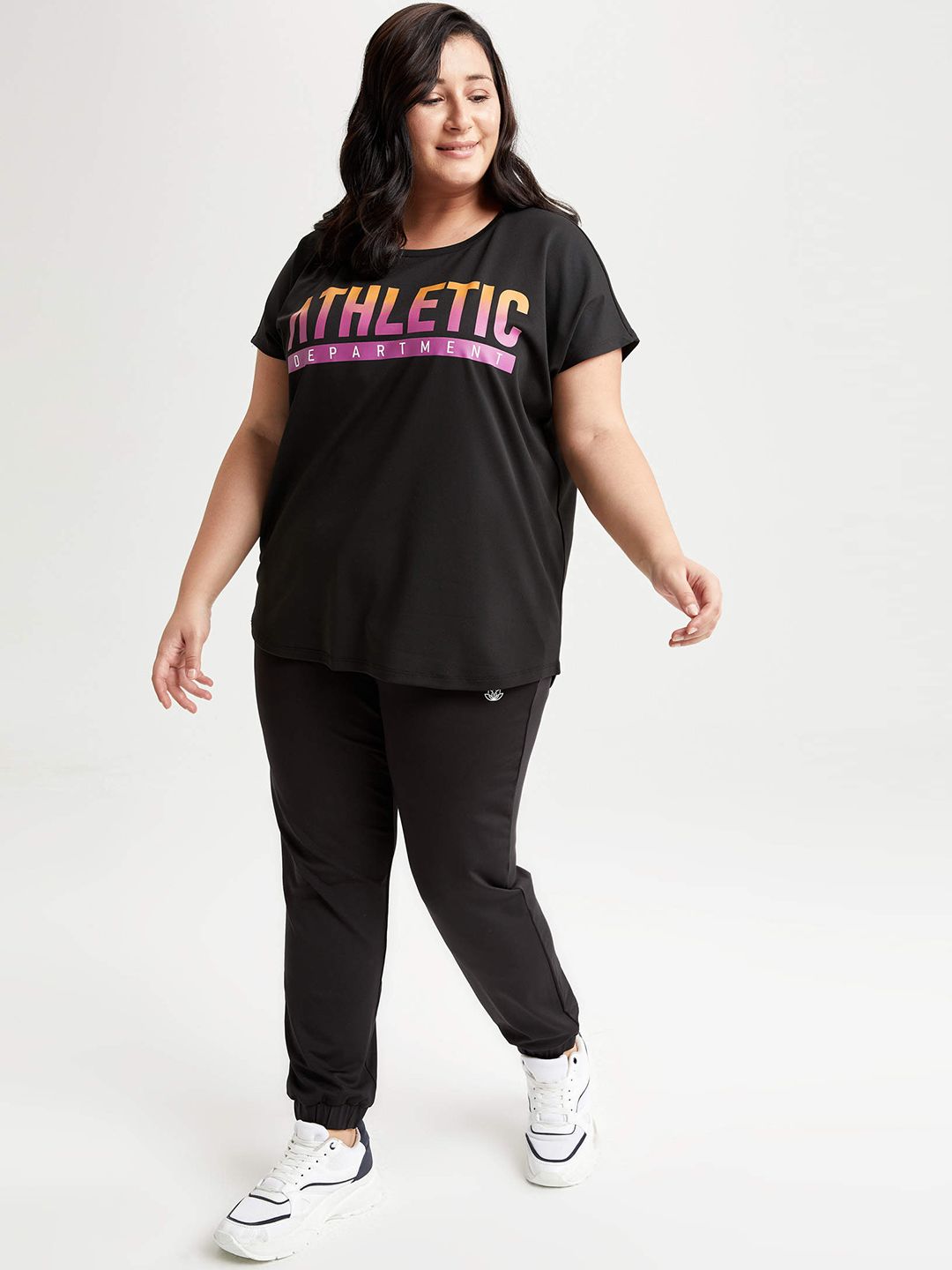 DeFacto Plus Size Women Black Oversize Fit Printed Short Sleeve T-Shirt Price in India