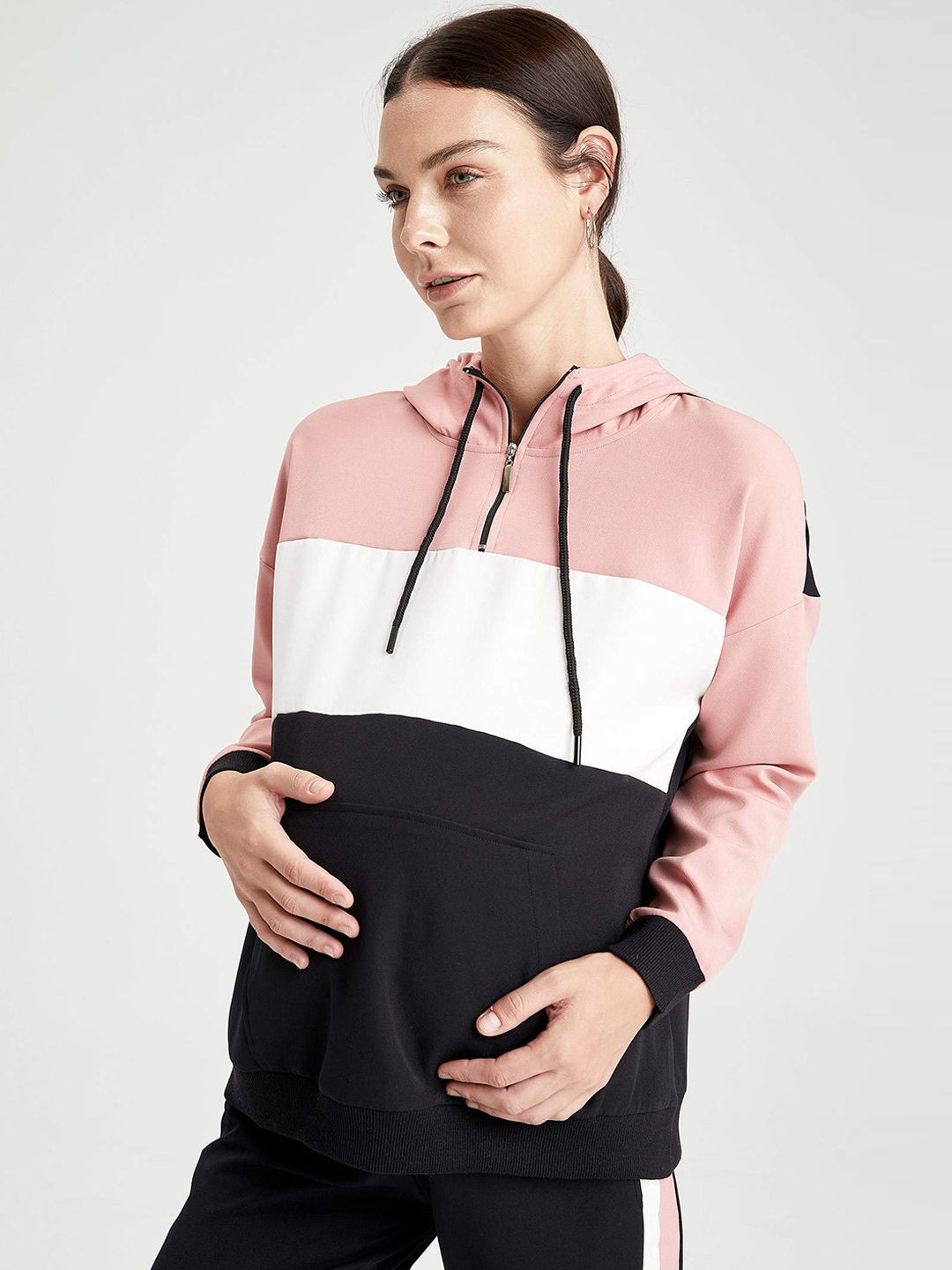DeFacto Women Pink & White Colourblocked Hooded Maternity Sweatshirt Price in India