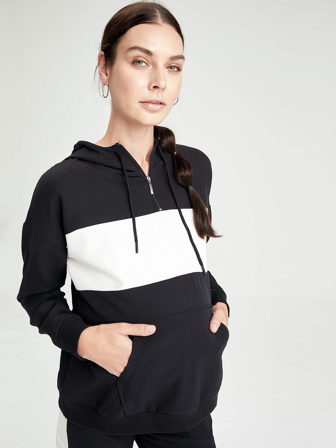 DeFacto Women Black & White Colourblocked Hooded Maternity Sweatshirt Price in India