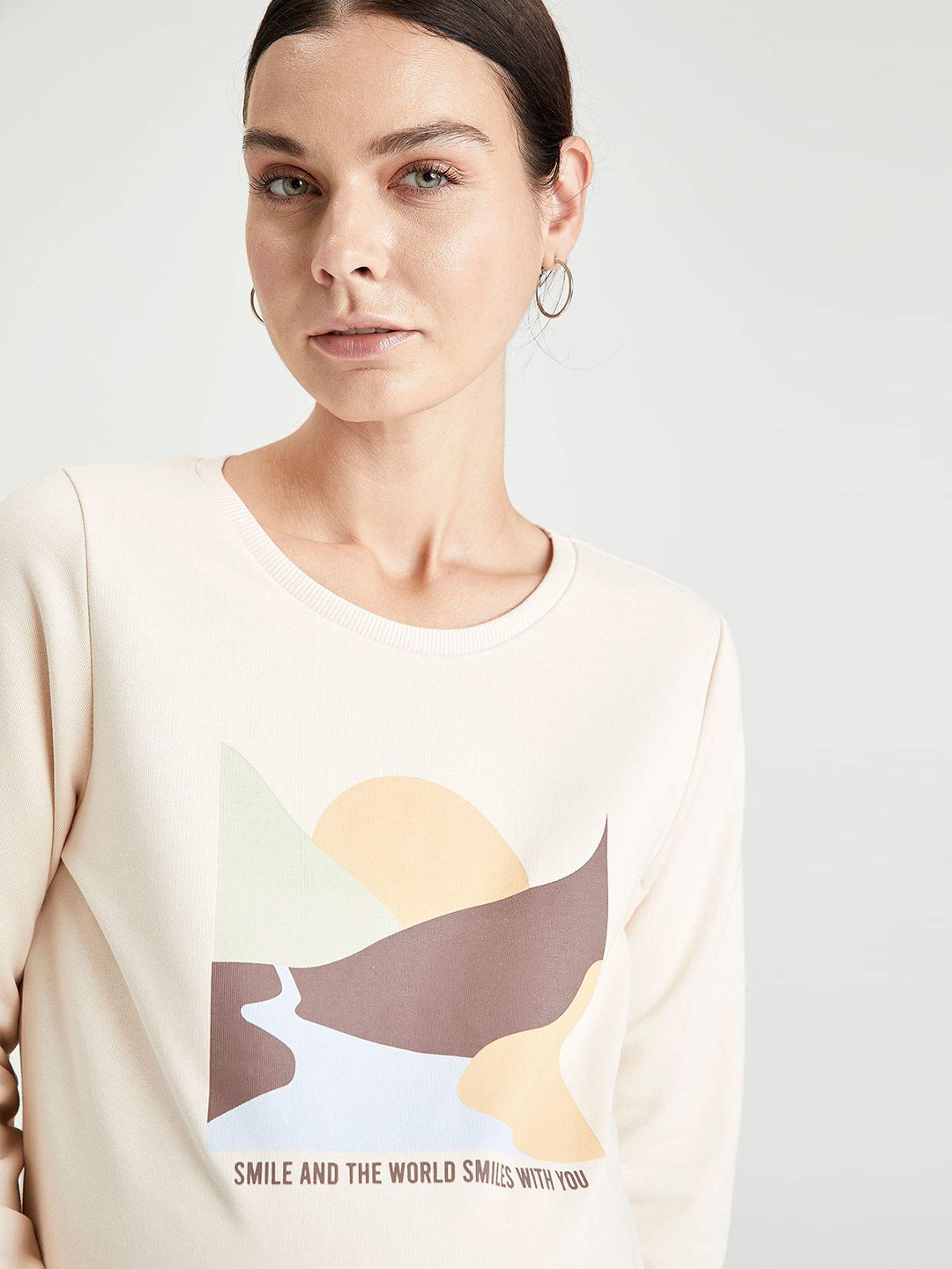 DeFacto Women Cream-Coloured & Brown Printed Maternity Sweatshirt Price in India