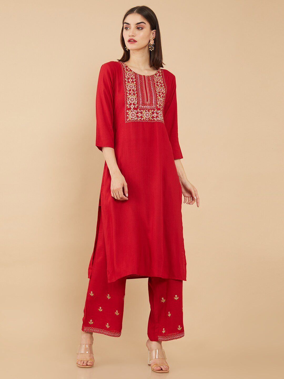 Soch Maroon Floral Yoke Design Kurta with Trousers Price in India