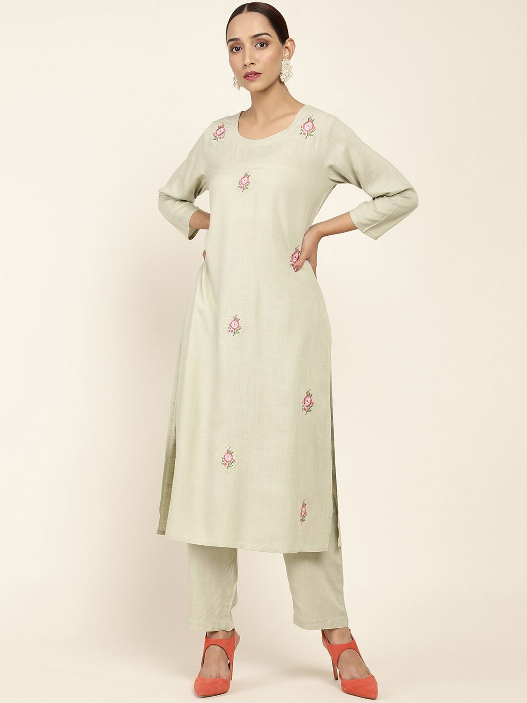 Soch Women Green Floral Embroidered Thread Work Kurta with Trousers Price in India