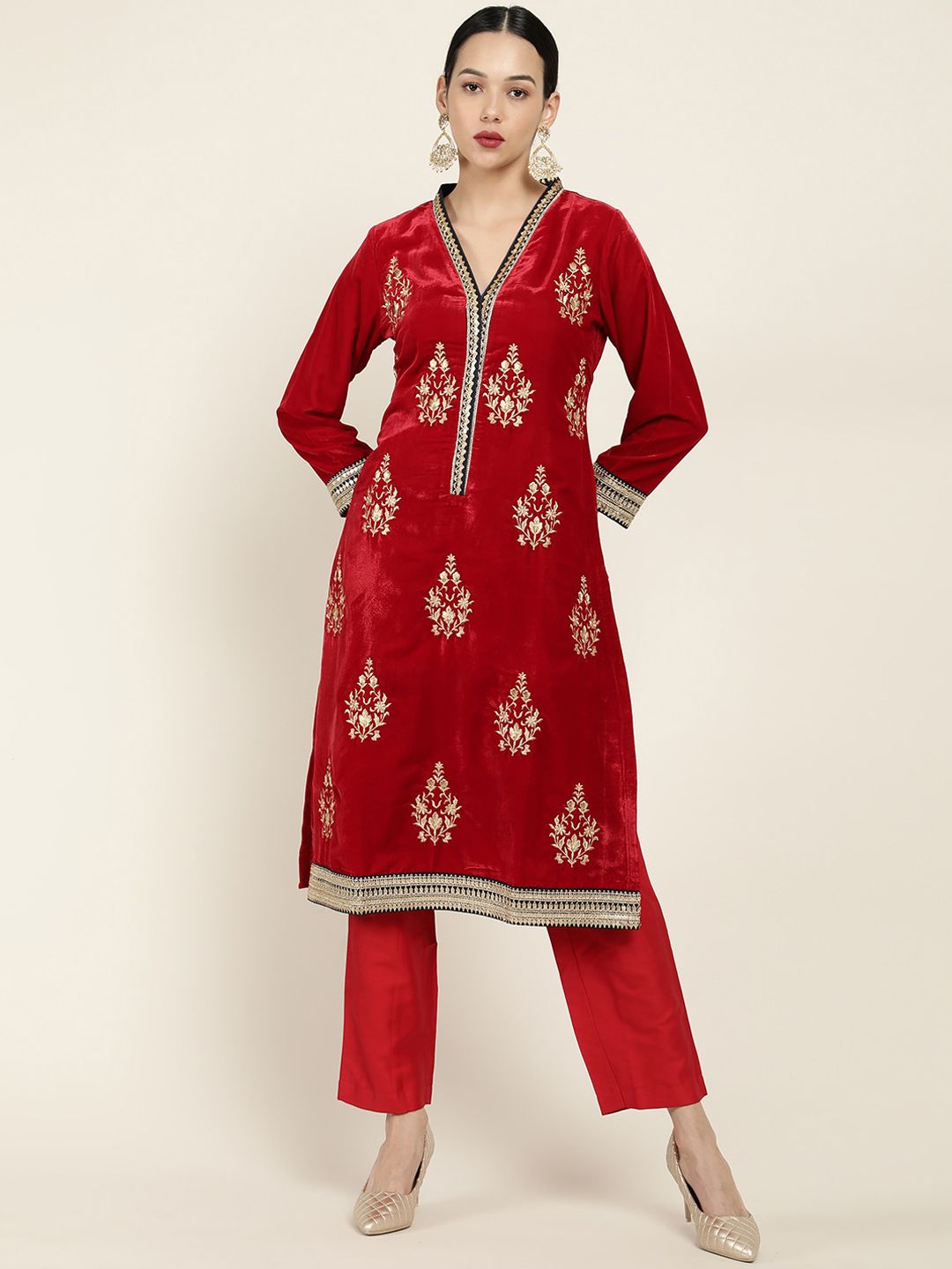 Soch Women Maroon Floral Printed Gotta Patti Velvet Kurta with Trousers Price in India