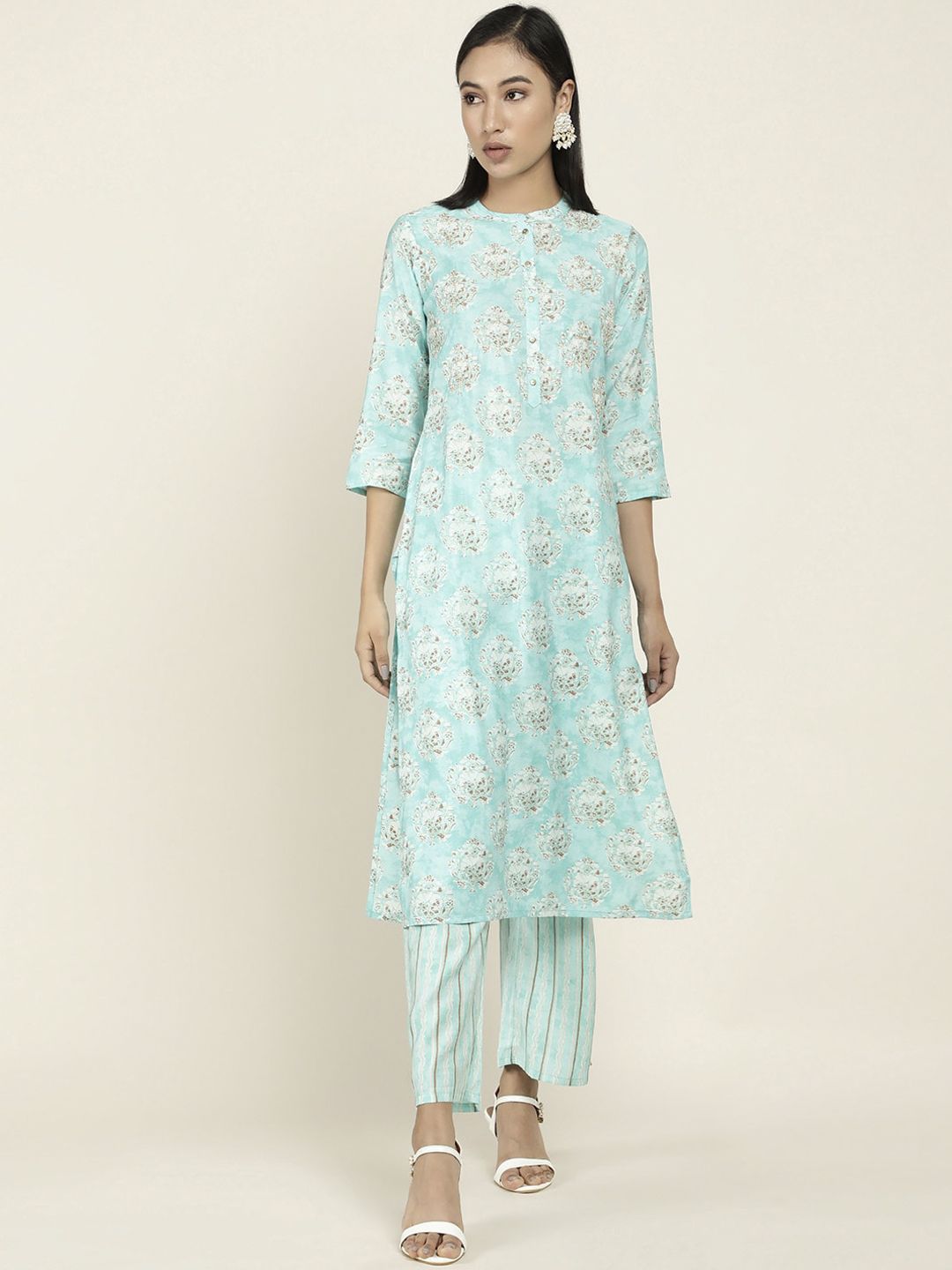 Soch Women Turquoise Blue Floral Printed Kurta with Trousers Price in India