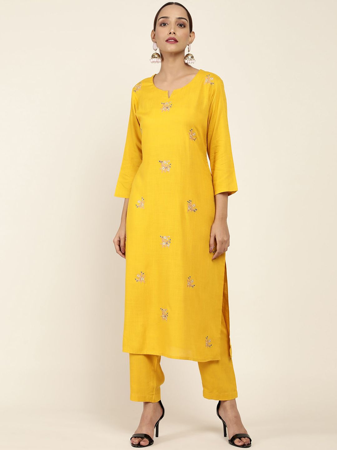 Soch Women Mustard Yellow Floral Embroidered Thread Work Kurta with Trousers Price in India