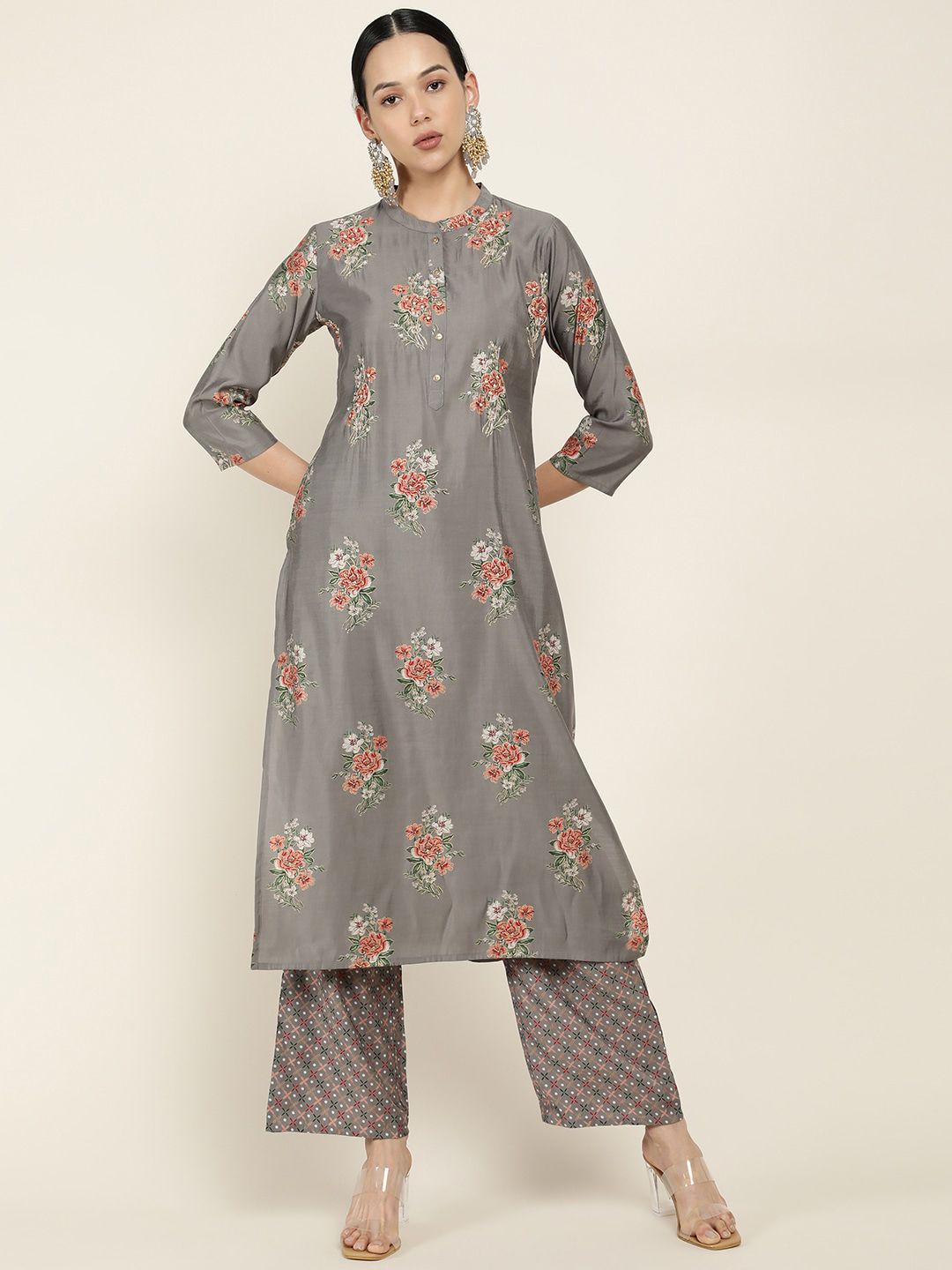 Soch Grey Floral Printed Kurta with Trousers Price in India