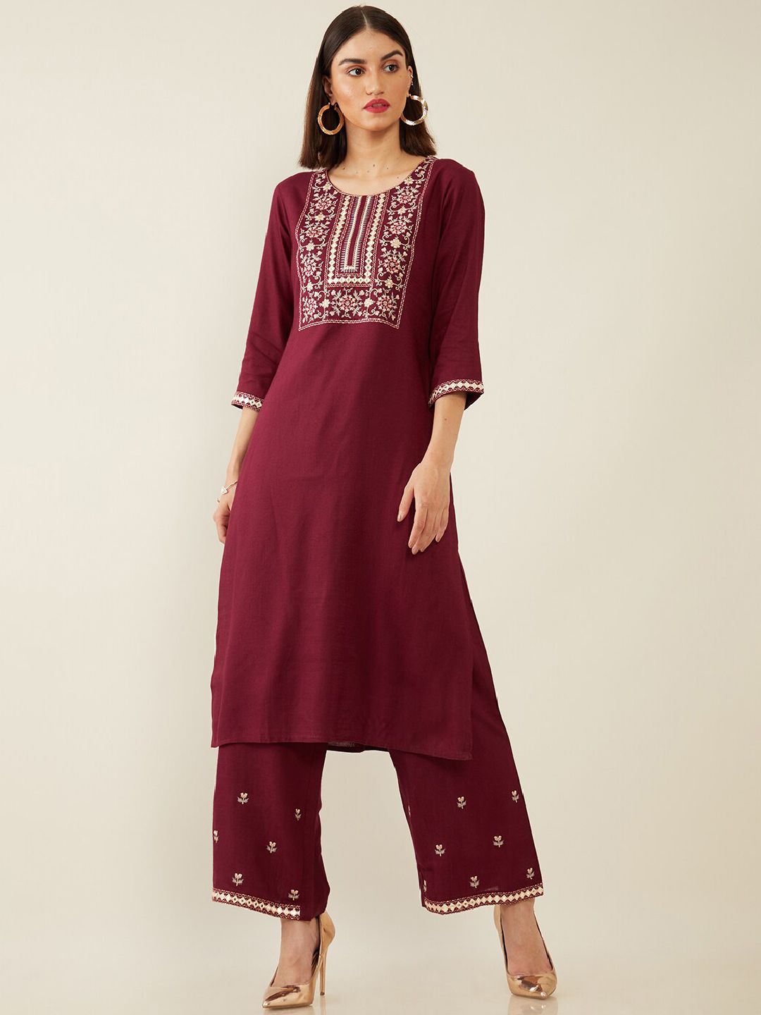 Soch Women Burgundy Ethnic Motifs Yoke Design Kurta with Trousers Price in India