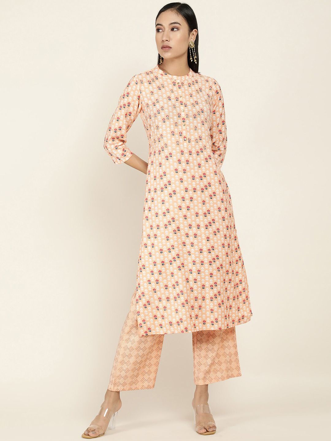 Soch Women Peach-Coloured Floral Printed Panelled Kurta with Trousers Price in India