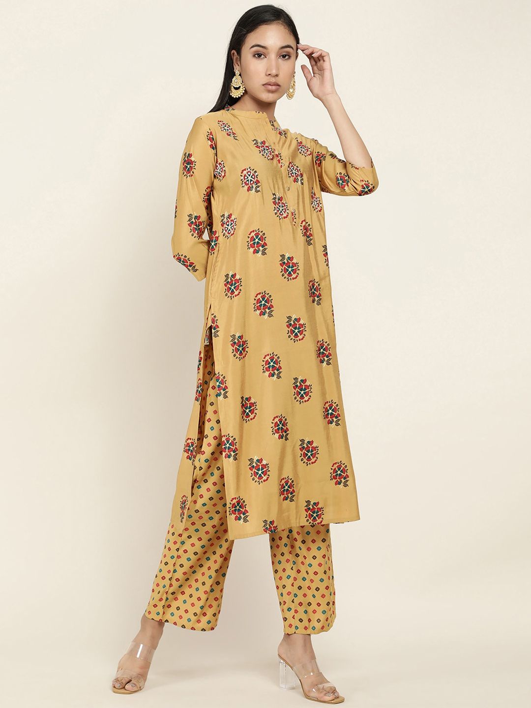 Soch Women Brown Floral Embroidered Kurti with Trousers Price in India