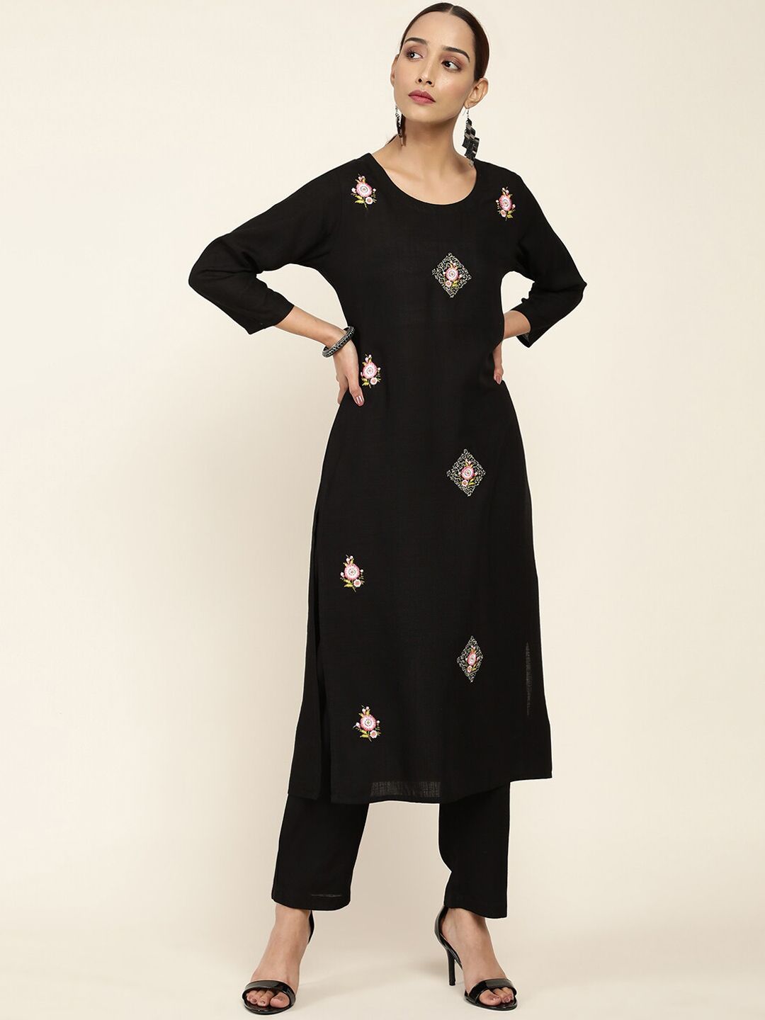 Soch Women Black Ethnic Motifs Embroidered Kurta with Trousers Price in India