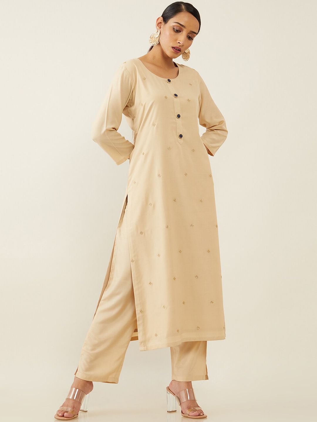 Soch Women Beige Kurta with Trousers Price in India