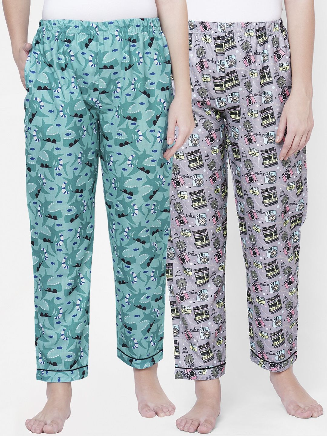 FashionRack Women Pack Of 2 Grey & Green Printed Cotton Lounge Pants Price in India