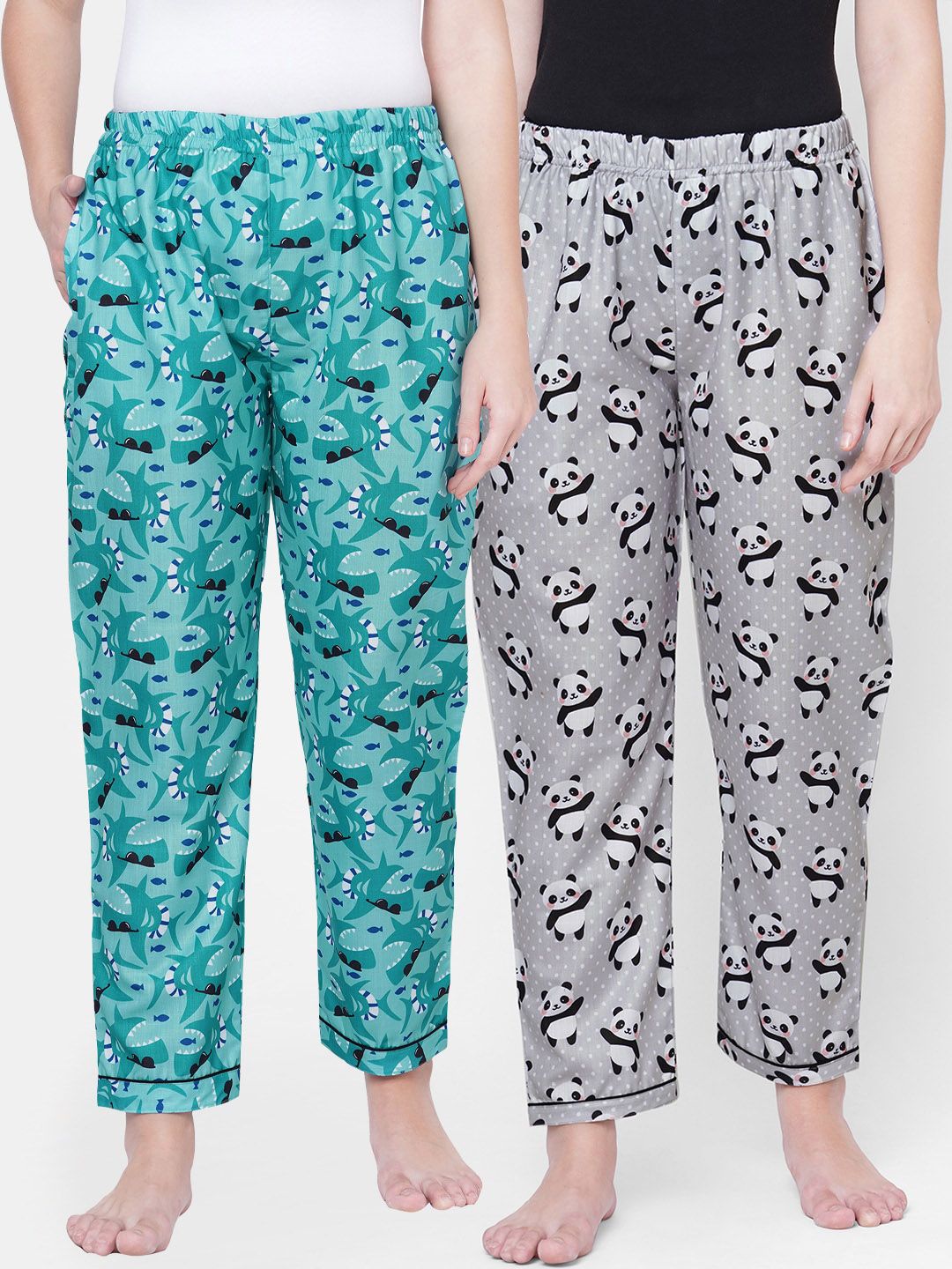 FashionRack Women Pack Of 2 Green & Grey Printed Cotton Lounge Pants Price in India