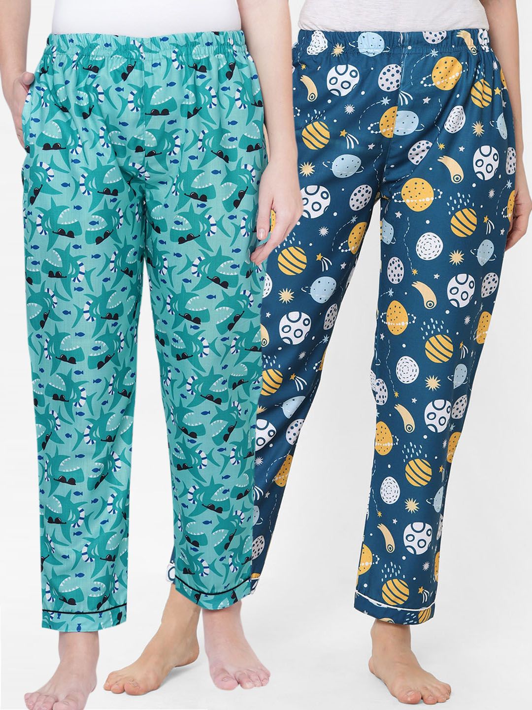 FashionRack Women Pack Of 2 Green & Navy Blue Printed Cotton Lounge Pants Price in India