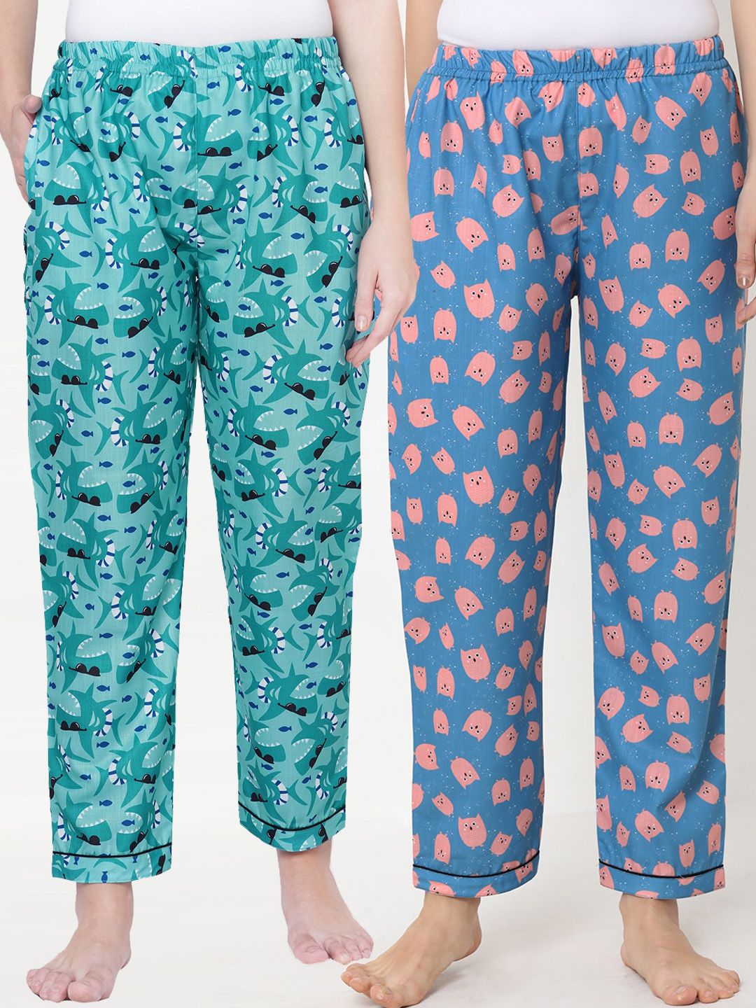 FashionRack Women Pack Of 2 Green & Blue Printed Cotton Lounge Pants Price in India