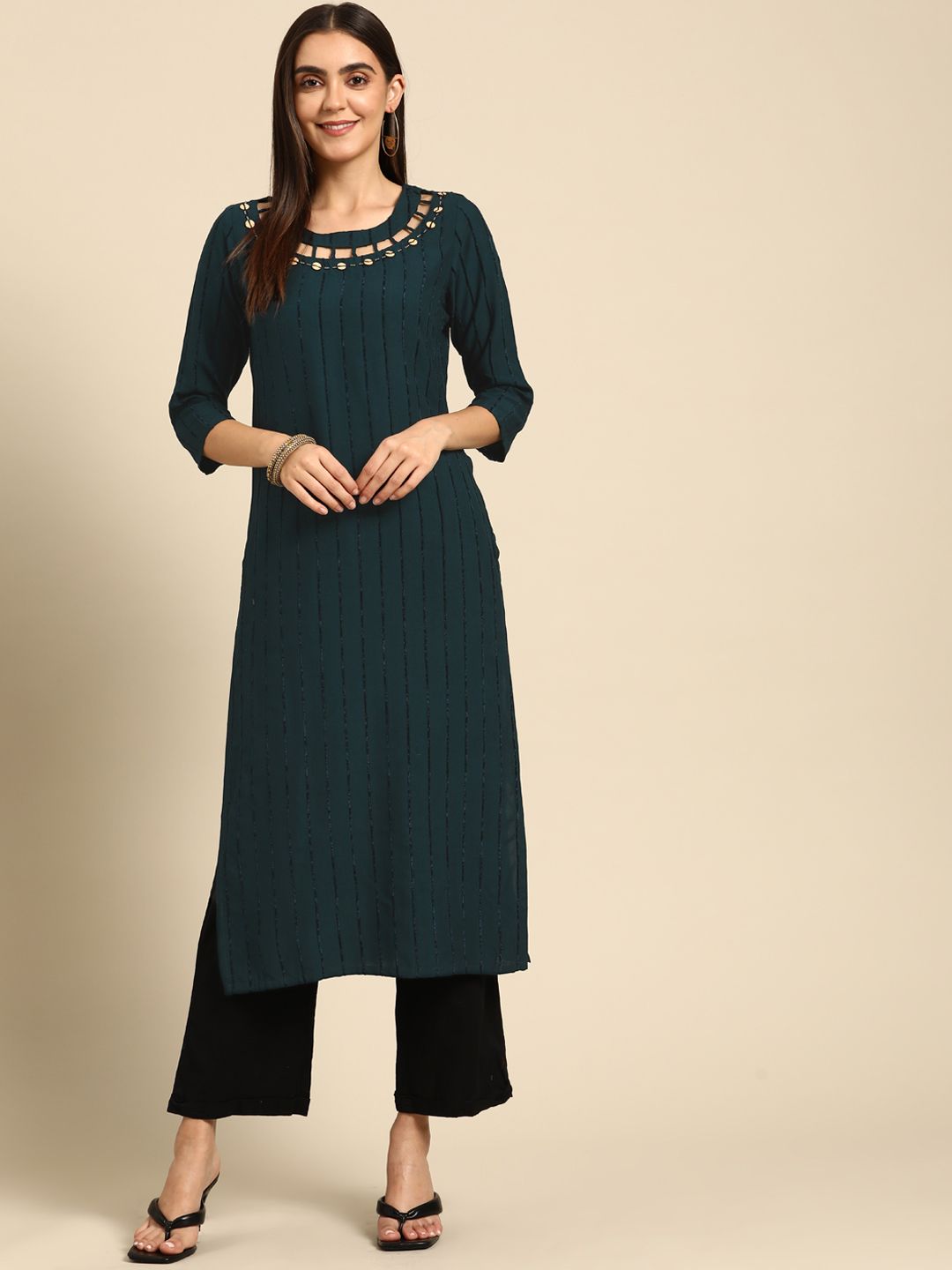 FASHOR Women Teal Green Solid Self Striped Straight Kurta Price in India