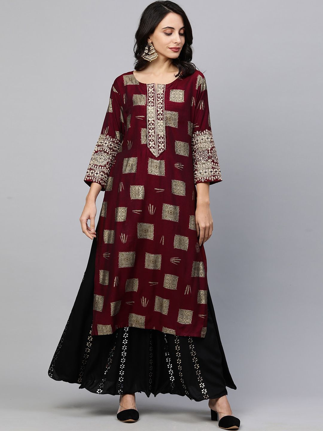 FASHOR Women Maroon Geometric Printed Flared Sleeves Anarkali Kurta Price in India