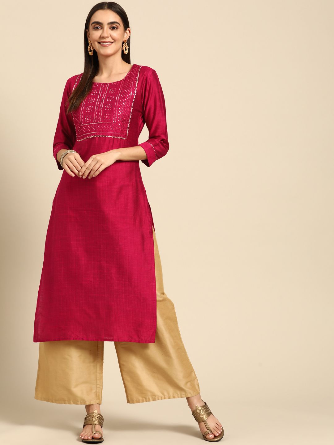 FASHOR Women Magenta & Gold-Toned Sequin Embellished Kurta Price in India